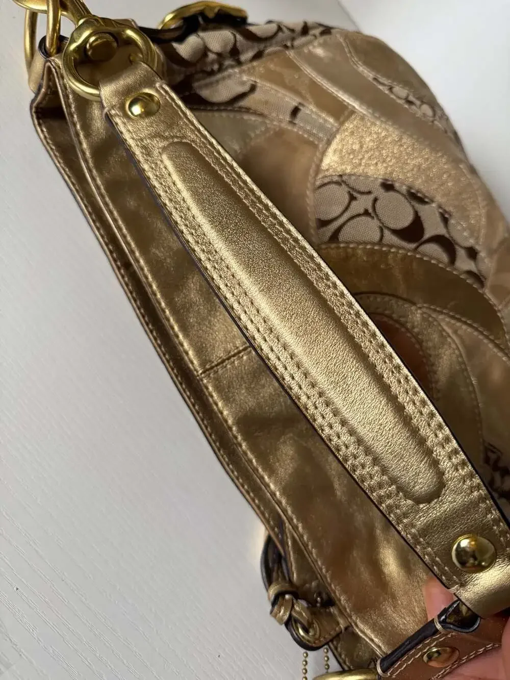 Coach Carly Signature Patchwork Gold Leather Shoulder Bag F14005